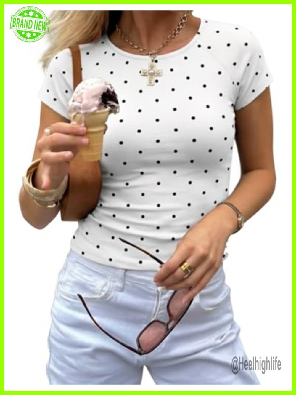 Polka Dot Crewneck Short Sleeve Fitted T-Shirt